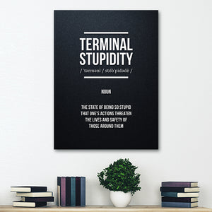 Funny wall art with the definition of "terminal stupidity", poster is hung on dorm wall