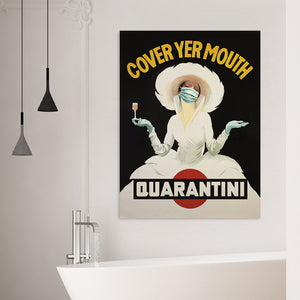 Funny wall art hung in bathroom, "Quarantini" poster parody of Vermouth Martini ad