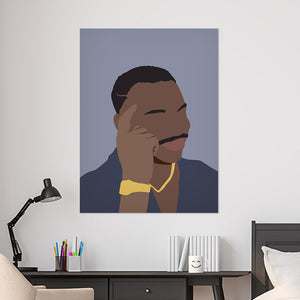Funny wall art print of Tapping Head Guy Meme hanging on white bedroom wall