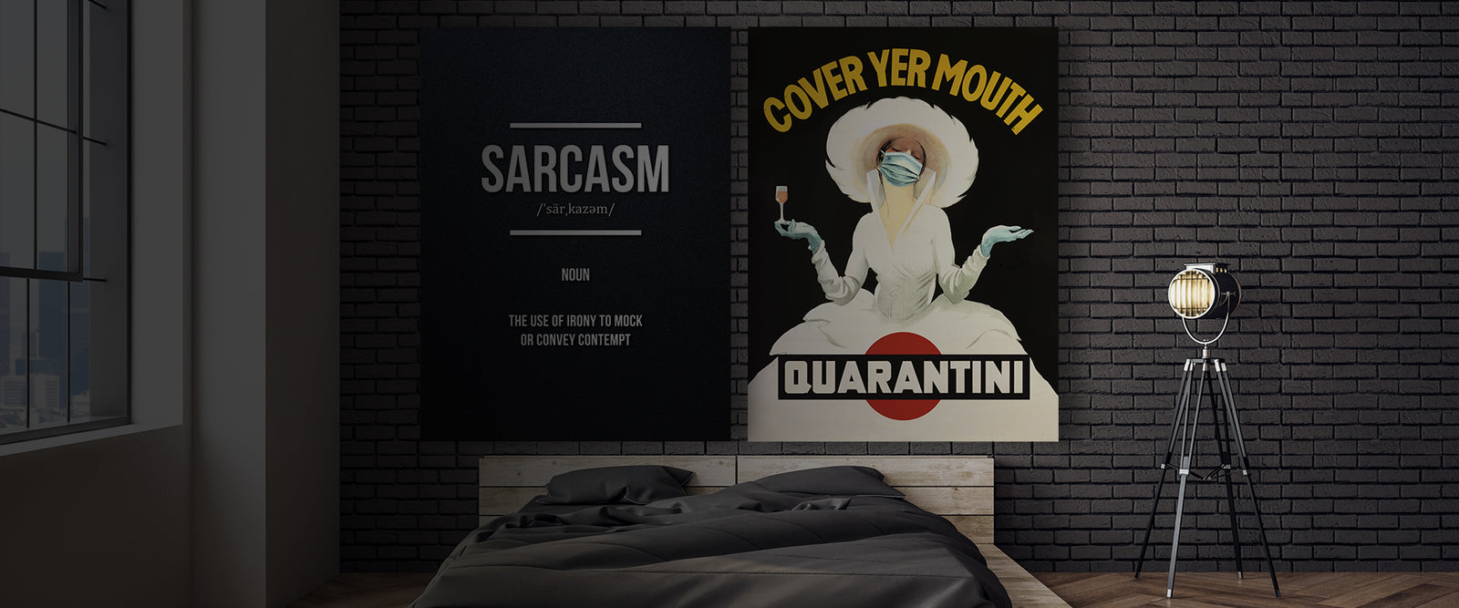 Bedroom with two large funny canvas wrap wall art pieces hanging above bed. Sarcasm definition and Quarantini parody art pieces are hung on dark wall next to bedroom lamp.