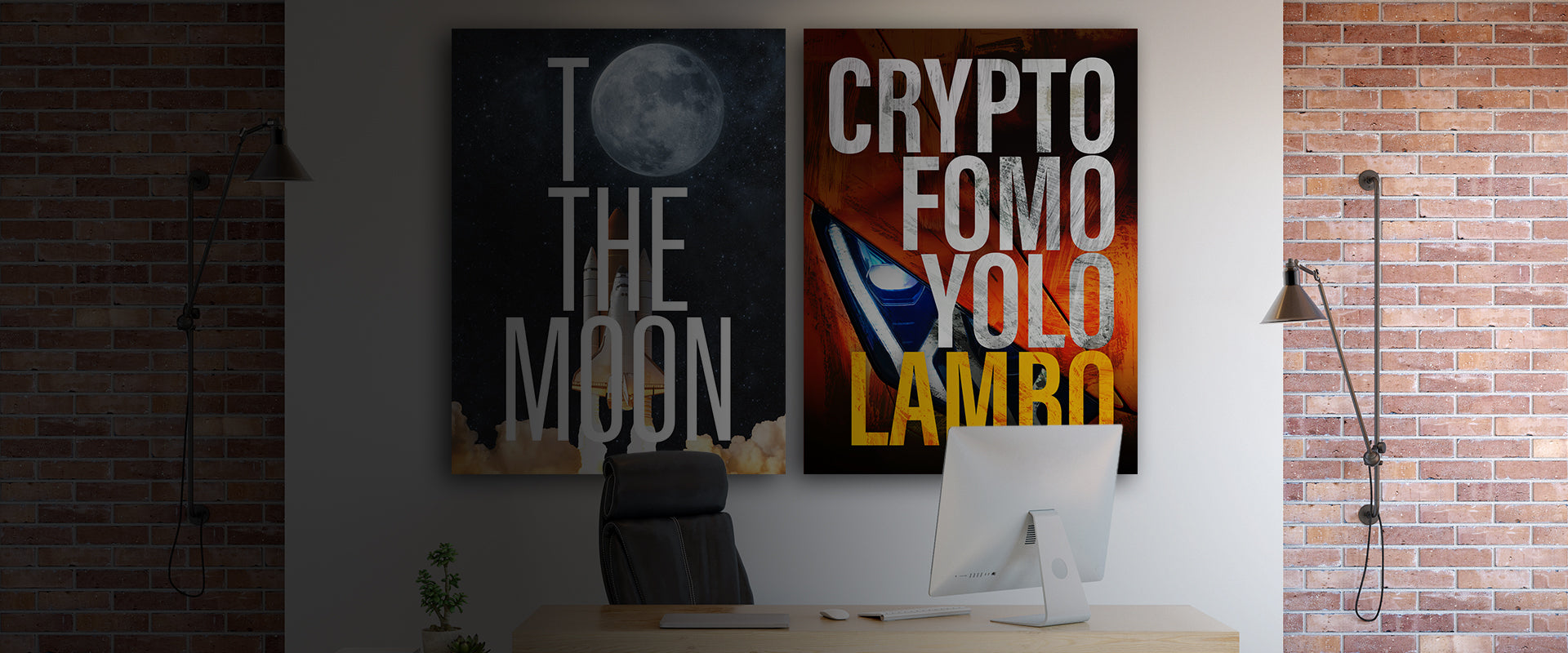 Home office with two large motivational canvas wrap wall art pieces hanging above desk. To The Moon and Crypto FOMO Yolo Lambo canvas wrap art pieces are hanging on white wall next to lamp.