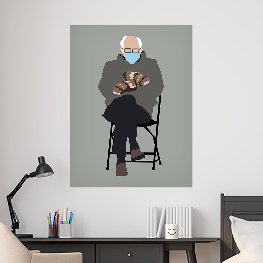 Funny wall art print of Bernie Sanders Mittens Meme hanging on bedroom wall