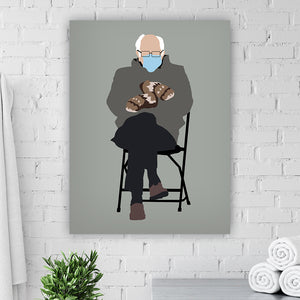 Funny wall art print of Bernie Sanders Mittens Meme hanging on white bathroom wall