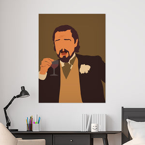 Laughing Leo meme in minimalist wall art style on bedroom wall above desk