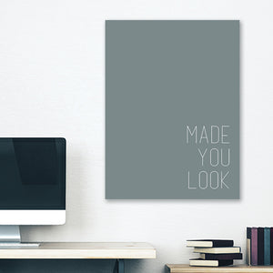 Grey minimalist canvas wrap wall art hanging on white bedroom wall with funny saying "made you look"