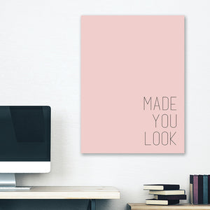 Pink minimalist canvas wrap wall art hanging on white bedroom wall with funny saying "made you look"