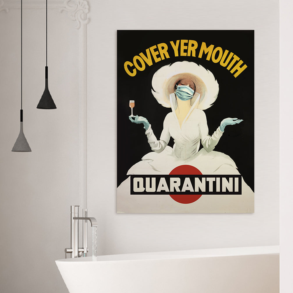 Funny wall art hung in bathroom, &quot;Quarantini&quot; poster parody of Vermouth Martini ad