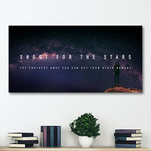 Demotivational poster with funny saying; "shoot for the stars" wall art hung in dorm